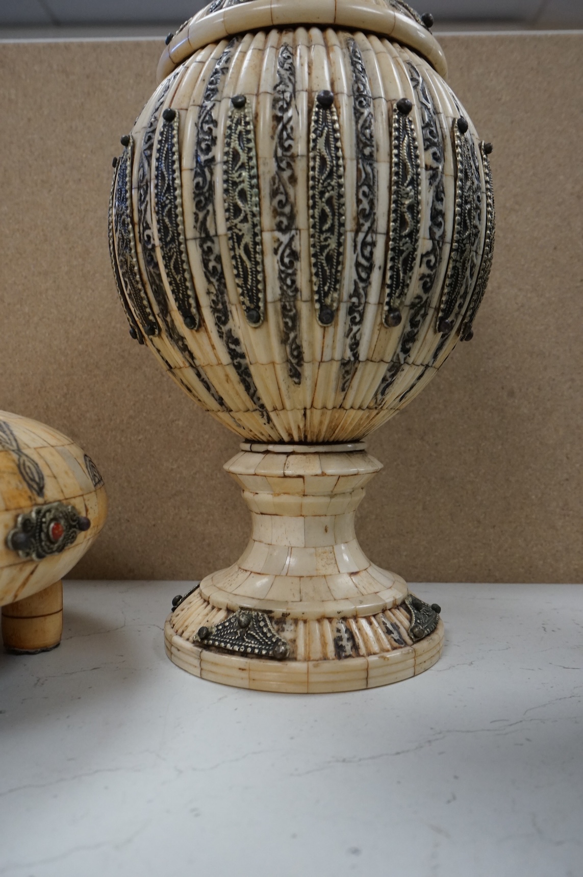 Four Indian camel bone veneered vases and boxes, tallest 30cm high